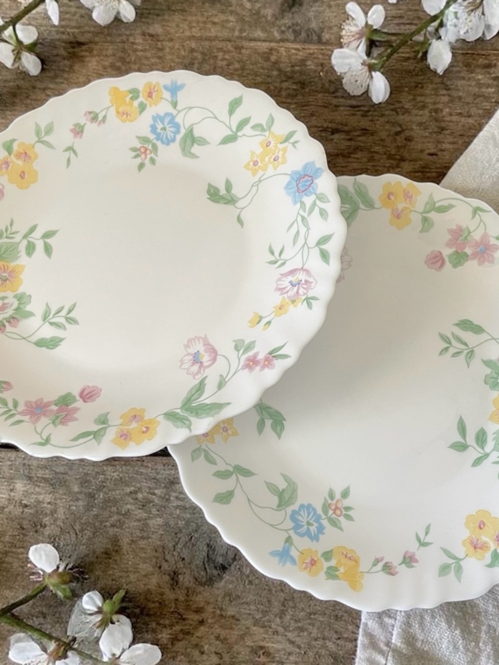 Set of 2 vintage Arcopal France Feston Hortense milk glass Salad Plates